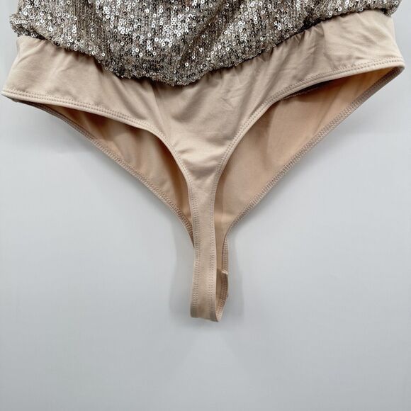 Rachel Zoe Allover Sequin Halter Bodysuit Size L Gold Beige Silver Party Glam - Picture 5 of 11